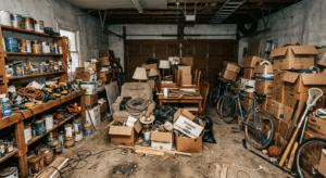 Photo of cluttered garage (before)