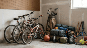 Photos of tools, bikes, sports equipment